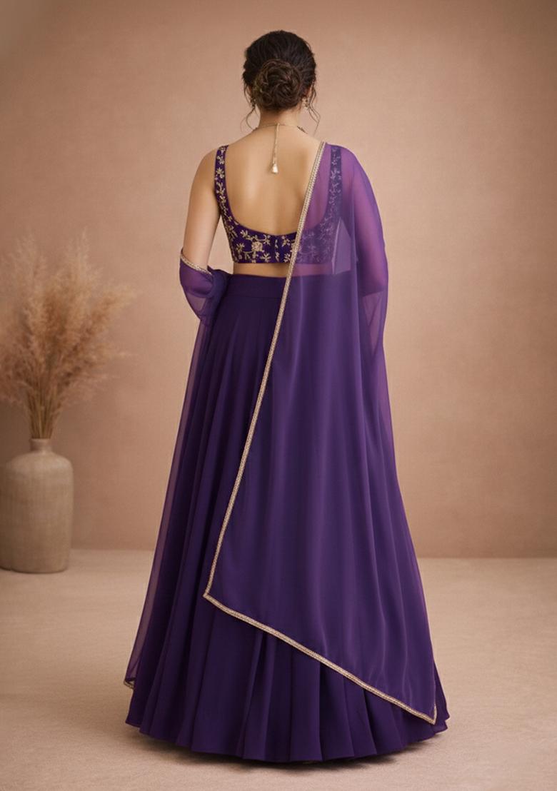 Purple Embroidery Crepe Lehenga Set - Indya