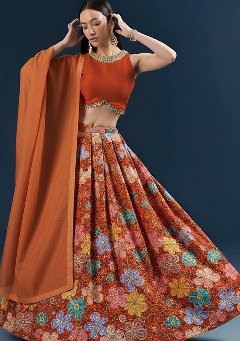 Orange Floral Embroidery Crepe Lehenga Set - Indya