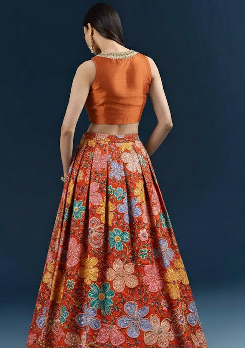 Orange Floral Embroidery Crepe Lehenga Set - Indya