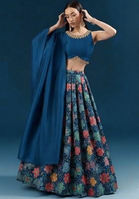Navy Blue Floral Embroidery Crepe Lehenga Set