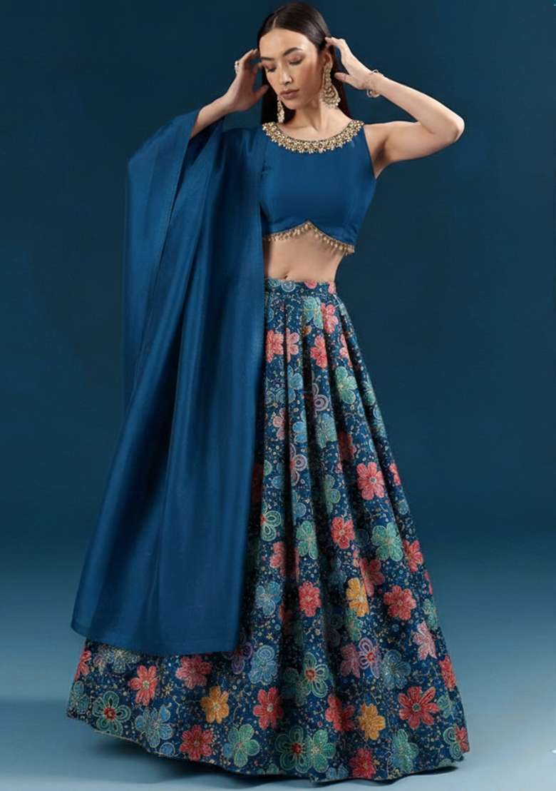 Navy Blue Floral Embroidery Crepe Lehenga Set - Indya