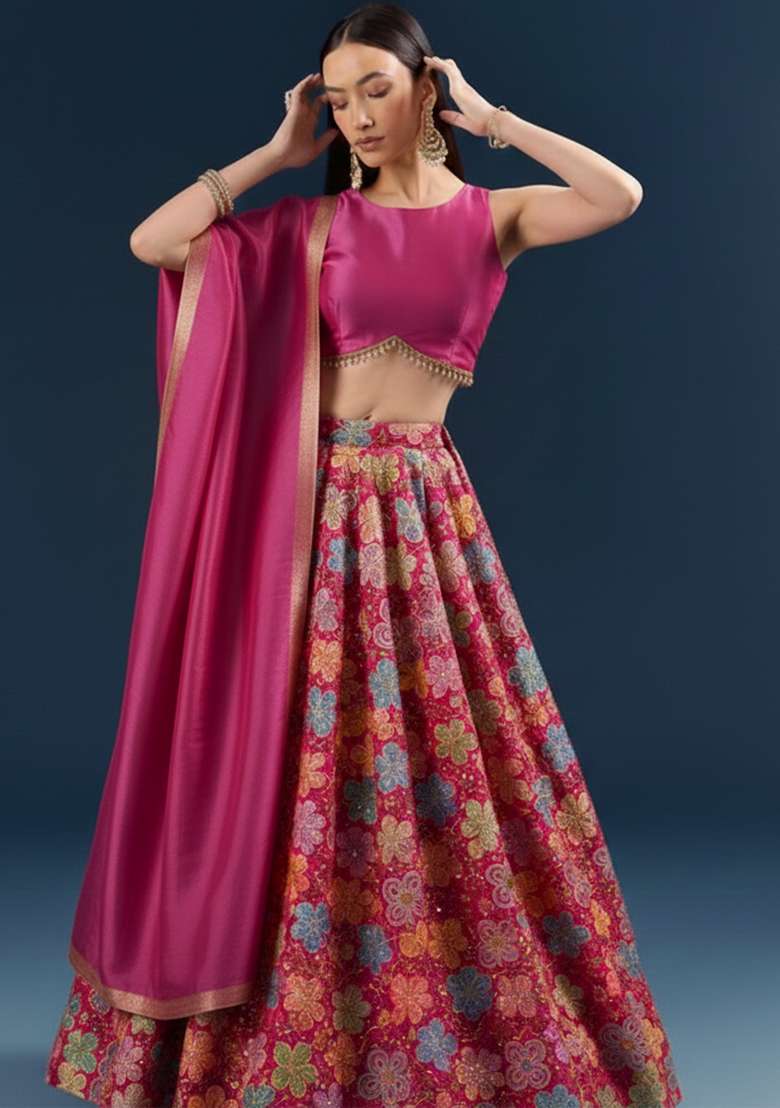 Fuchsia Floral Embroidery Crepe Lehenga Set - Indya