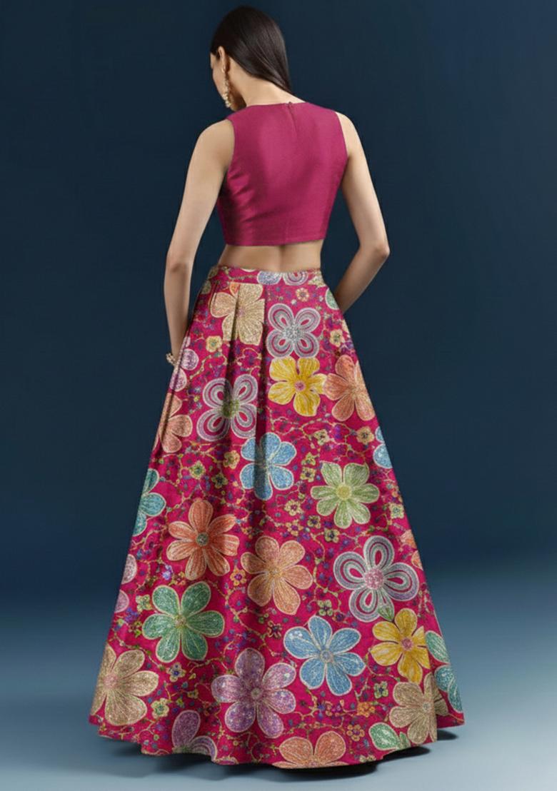 Fuchsia Floral Embroidery Crepe Lehenga Set - Indya
