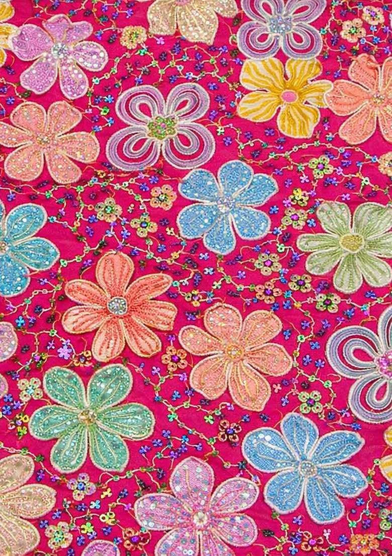 Fuchsia Floral Embroidery Crepe Lehenga Set - Indya