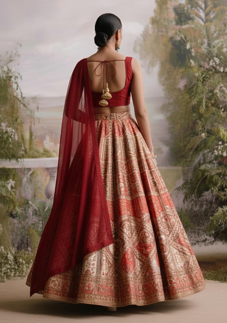 Gold & Red Paisley Embroidery Crepe Lehenga Set - Indya