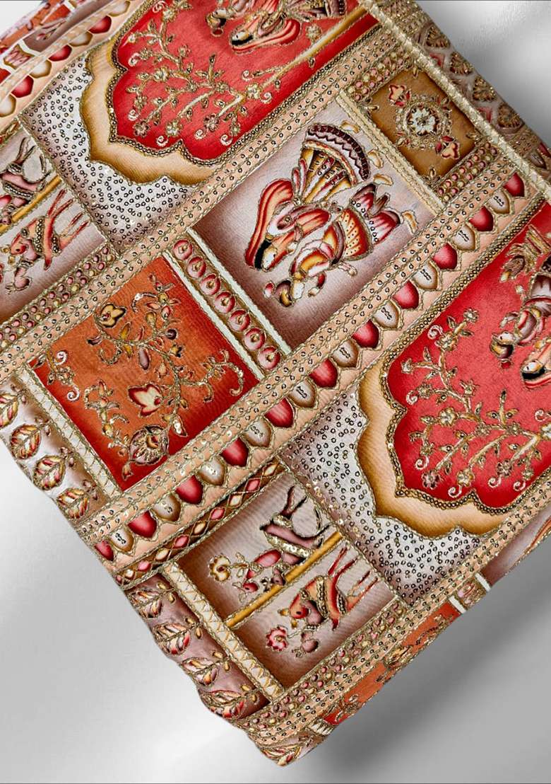 Gold & Red Paisley Embroidery Crepe Lehenga Set - Indya