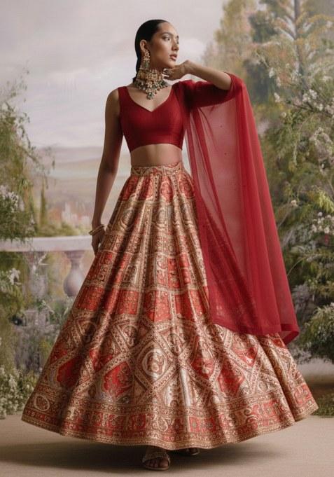 Gold & Red Paisley Embroidery Crepe Lehenga Set