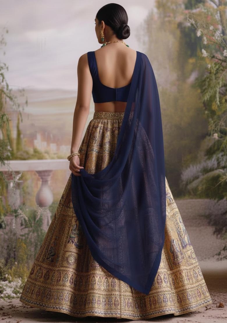 Gold & Blue Folk Art Embroidery Crepe Lehenga Set - Indya
