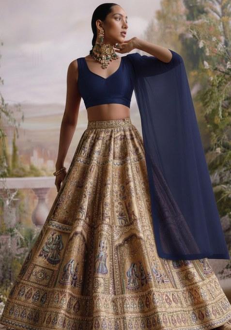 Gold & Blue Folk Art Embroidery Crepe Lehenga Set