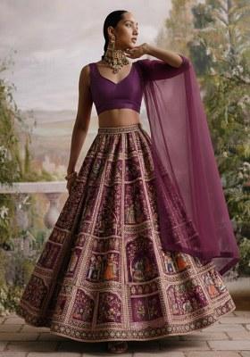 Purple Folk Art Embroidery Crepe Lehenga Set