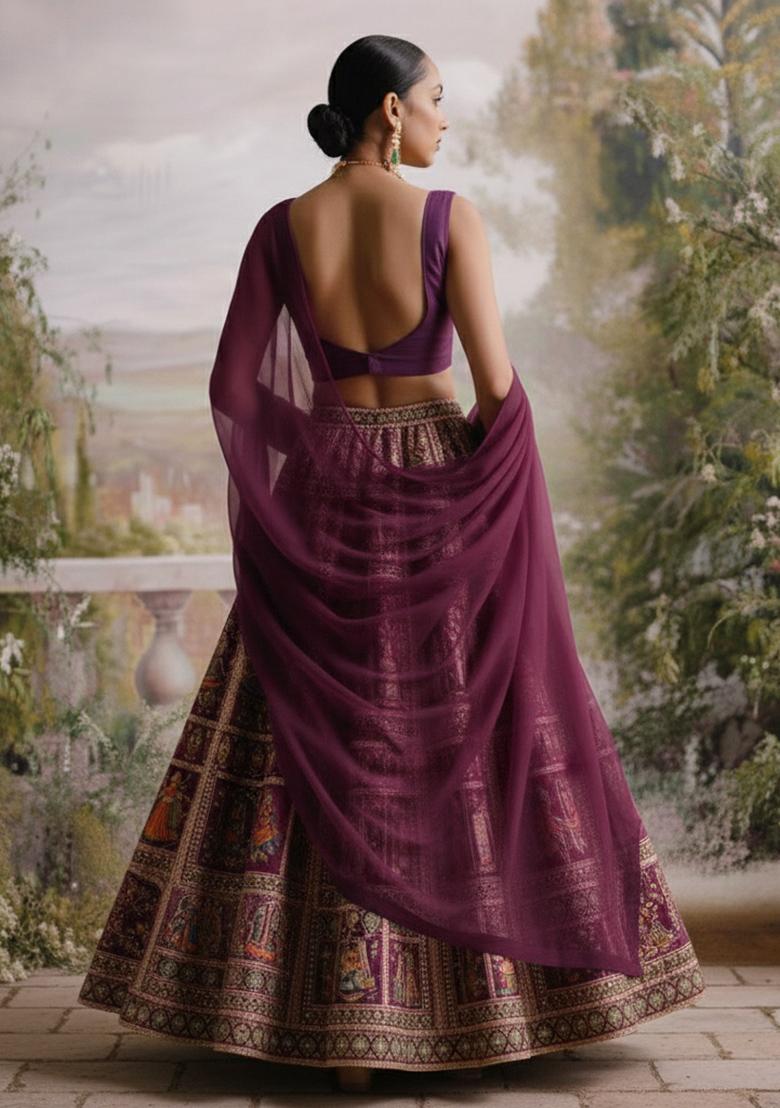 Purple Folk Art Embroidery Crepe Lehenga Set - Indya