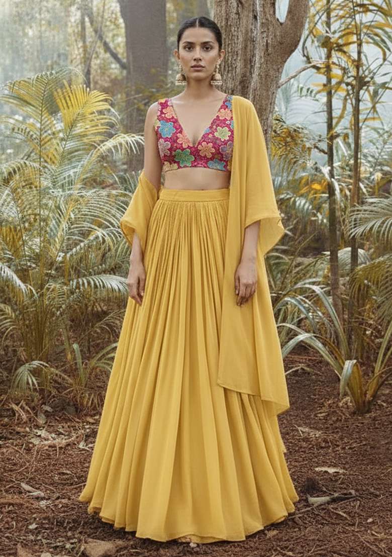 Yellow Floral Crepe Lehenga Set with Embroidery for Diwali | Wedding & Festive Wear - Indya