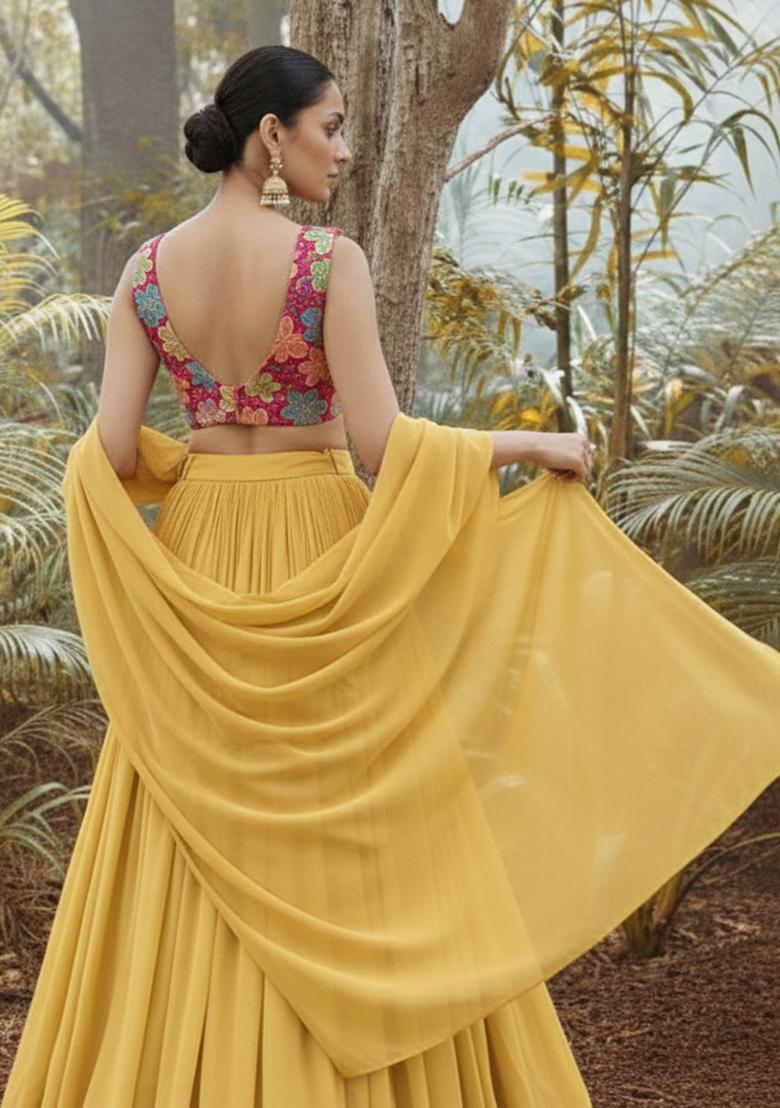 Yellow Floral Embroidery Crepe Lehenga Set - Indya
