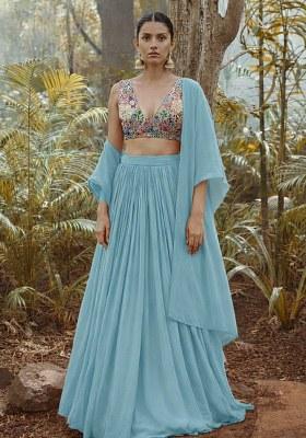 Blue Floral Embroidery Crepe Lehenga Set