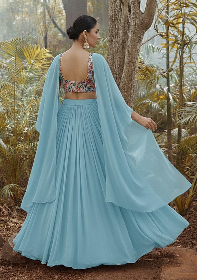 Blue Floral Embroidery Crepe Lehenga Set - Indya