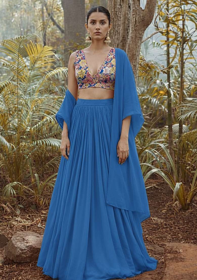 Blue Floral Embroidered Crepe Lehenga Set for Diwali and Festive Wear - Indya
