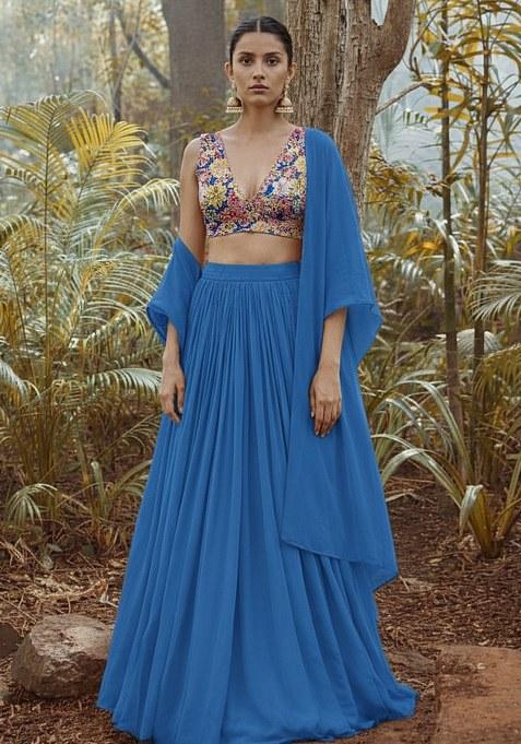Blue Floral Embroidered Crepe Lehenga Set