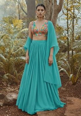 Turquoise Blue Floral Embroidered Crepe Lehenga Set
