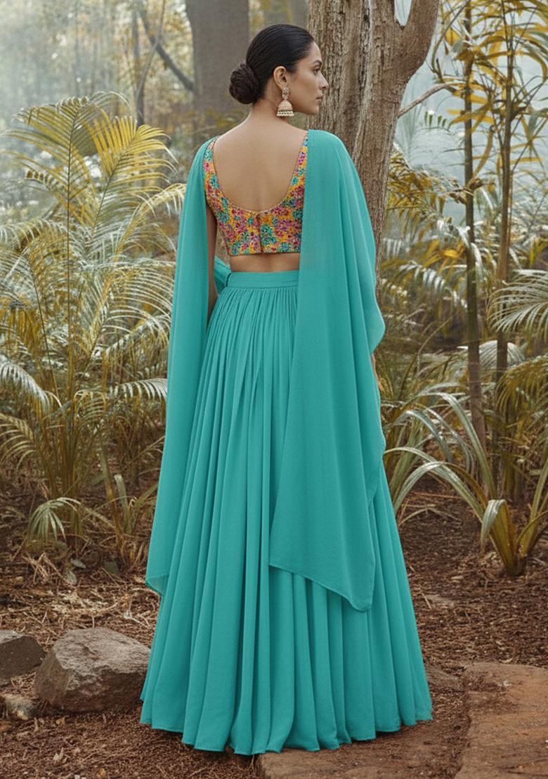 Turquoise Blue Floral Embroidered Crepe Lehenga Set - Indya
