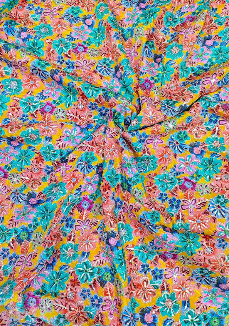 Turquoise Blue Floral Crepe Lehenga Set with Embroidered for Diwali | Wedding & Festive Wear - Indya