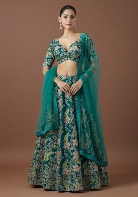  Rich Teal Crepe Solid Lehenga Set With Embroidery Blouse