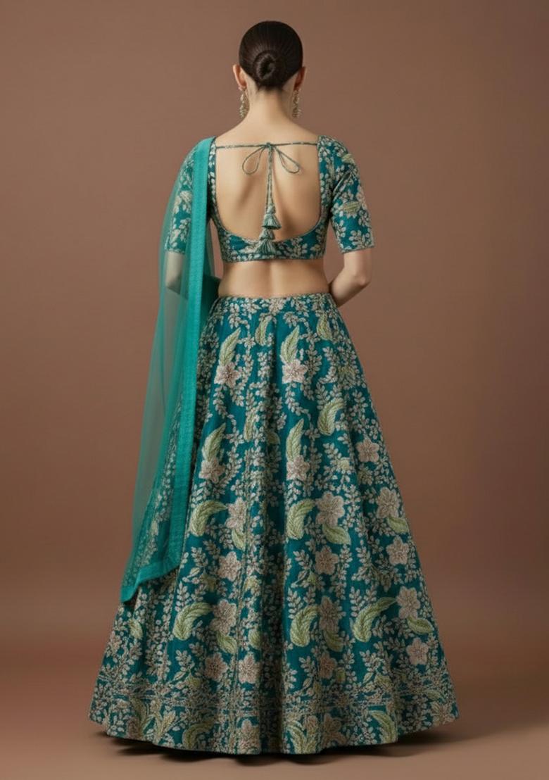  Rich Teal Crepe Solid Lehenga Set With Embroidery Blouse - Indya