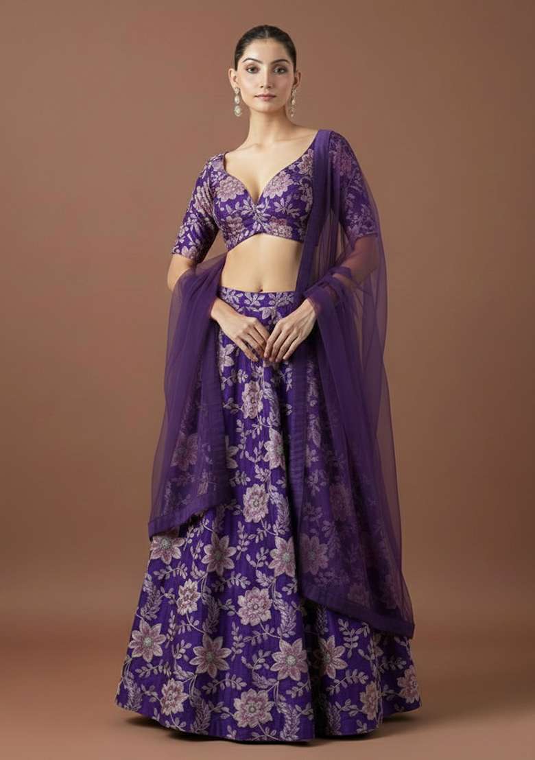 Vibrant Purple Floral Embroidery Crepe Lehenga Set - Indya