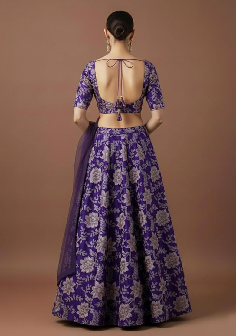 Vibrant Purple Floral Embroidery Crepe Lehenga Set - Indya