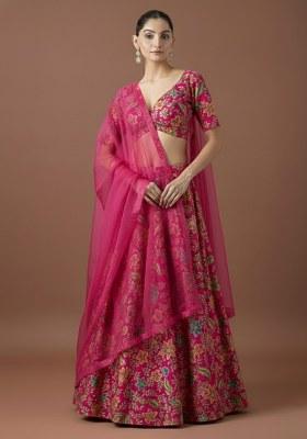 Fuchsia Pink Floral Embroidery Crepe Lehenga Set