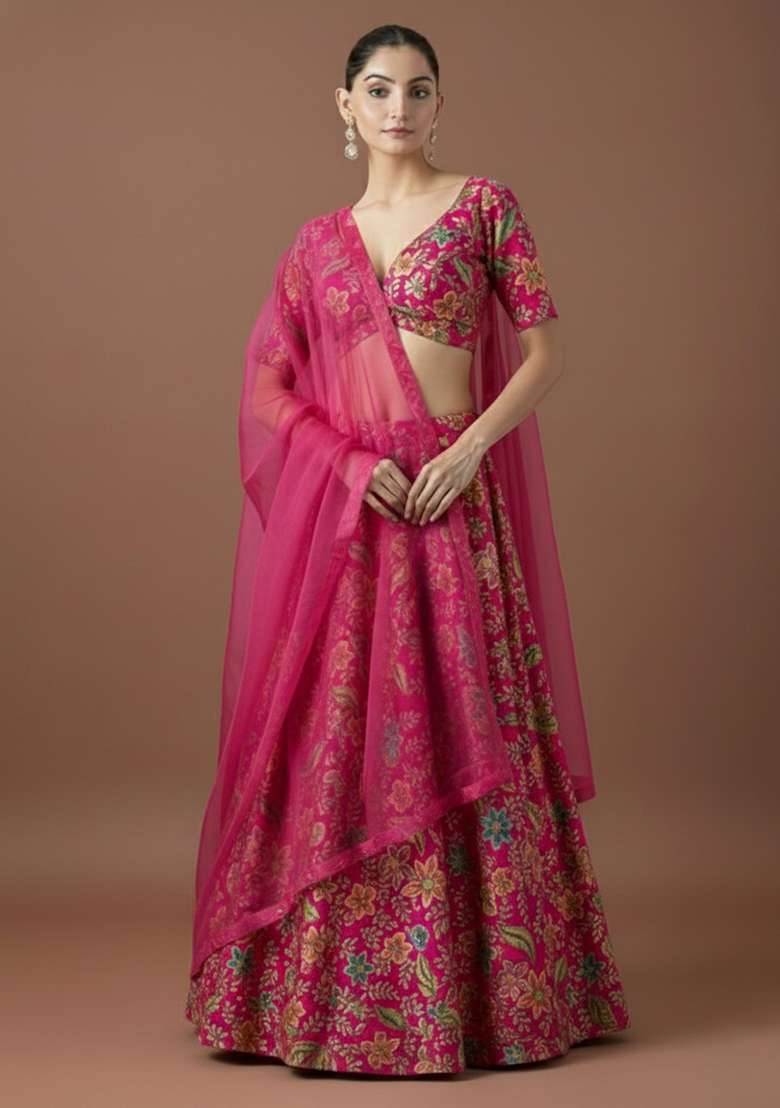 Fuchsia Pink Floral Embroidery Crepe Lehenga Set - Indya