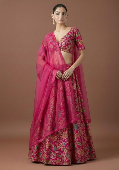 Fuchsia Pink Floral Embroidery Crepe Lehenga Set