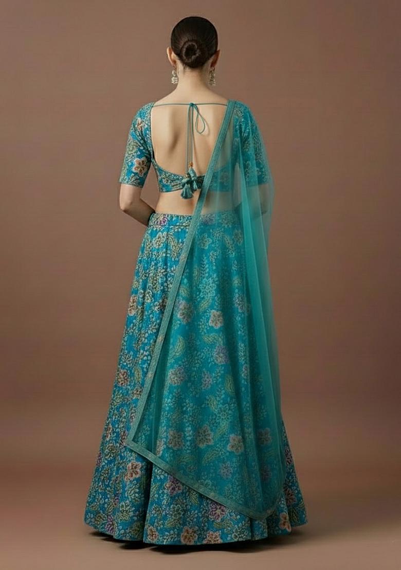 Rich Teal Floral Embroidery Crepe Lehenga Set - Indya