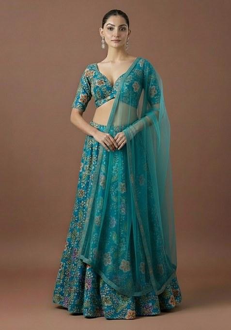 Rich Teal Floral Embroidery Crepe Lehenga Set