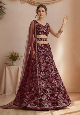 Deep Maroon Floral Embroidery Net Lehenga Set