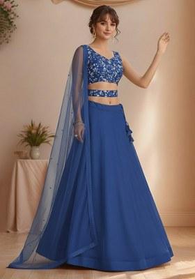 Royal Blue Net Solid Lehenga Set With Floral Embroidery Blouse