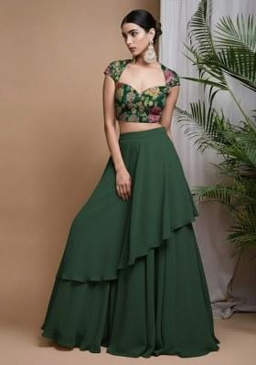 Green Viscose crepe Solid Lehenga Set With Floral Embroidery Blouse