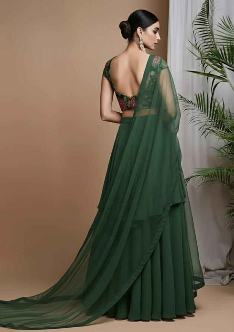 Green Viscose crepe Solid Lehenga Set With Floral Embroidery Blouse - Indya