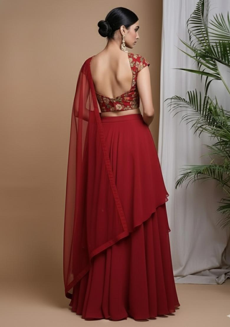 Rich Red Viscose crepe Solid Lehenga Set With Floral Embroidery Blouse - Indya