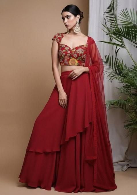 Rich Red Viscose crepe Solid Lehenga Set With Floral Embroidery Blouse