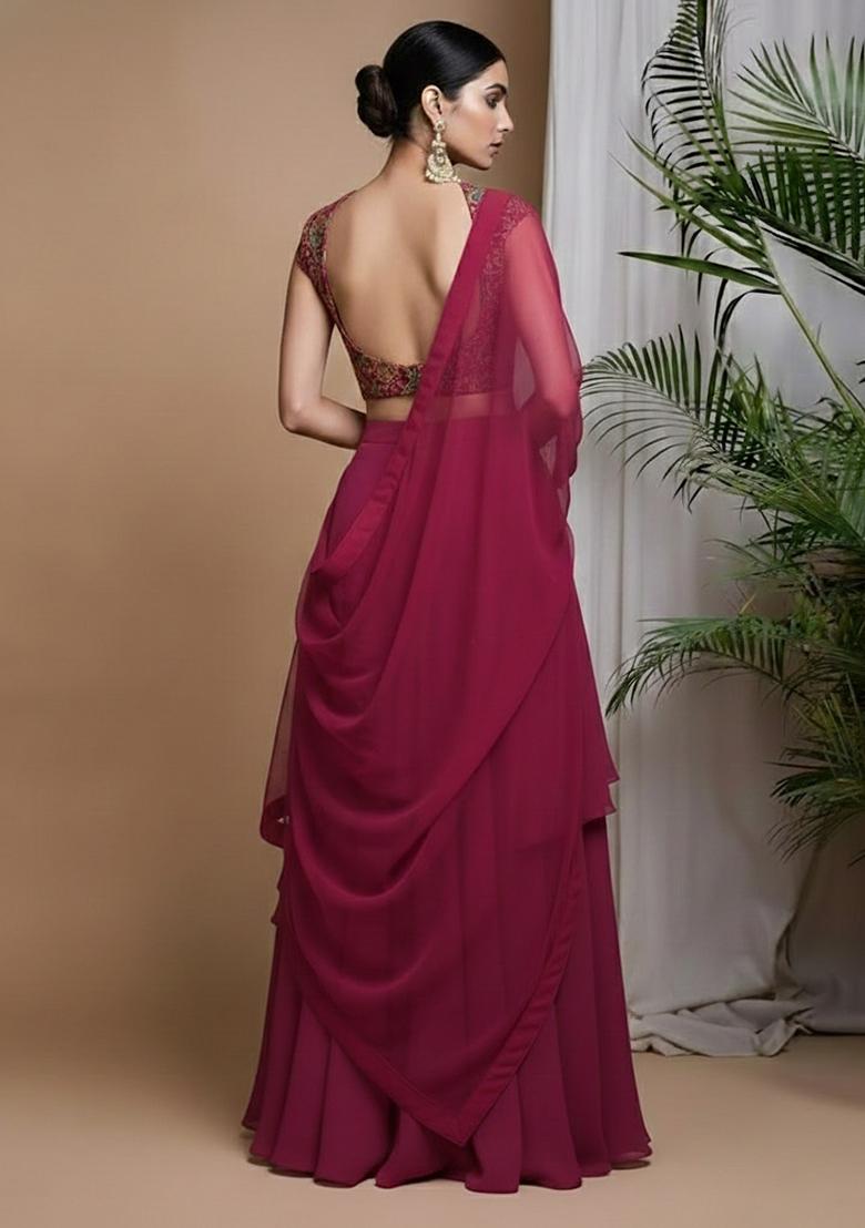 Rich Pink Crepe Solid Lehenga Set With Floral Embroidery Blouse - Indya