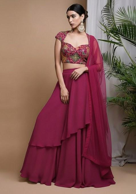 Rich Pink Crepe Solid Lehenga Set With Floral Embroidery Blouse