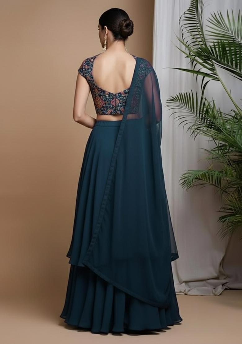 Navy Blue Crepe Solid Lehenga Set With Floral Embroidery Blouse - Indya
