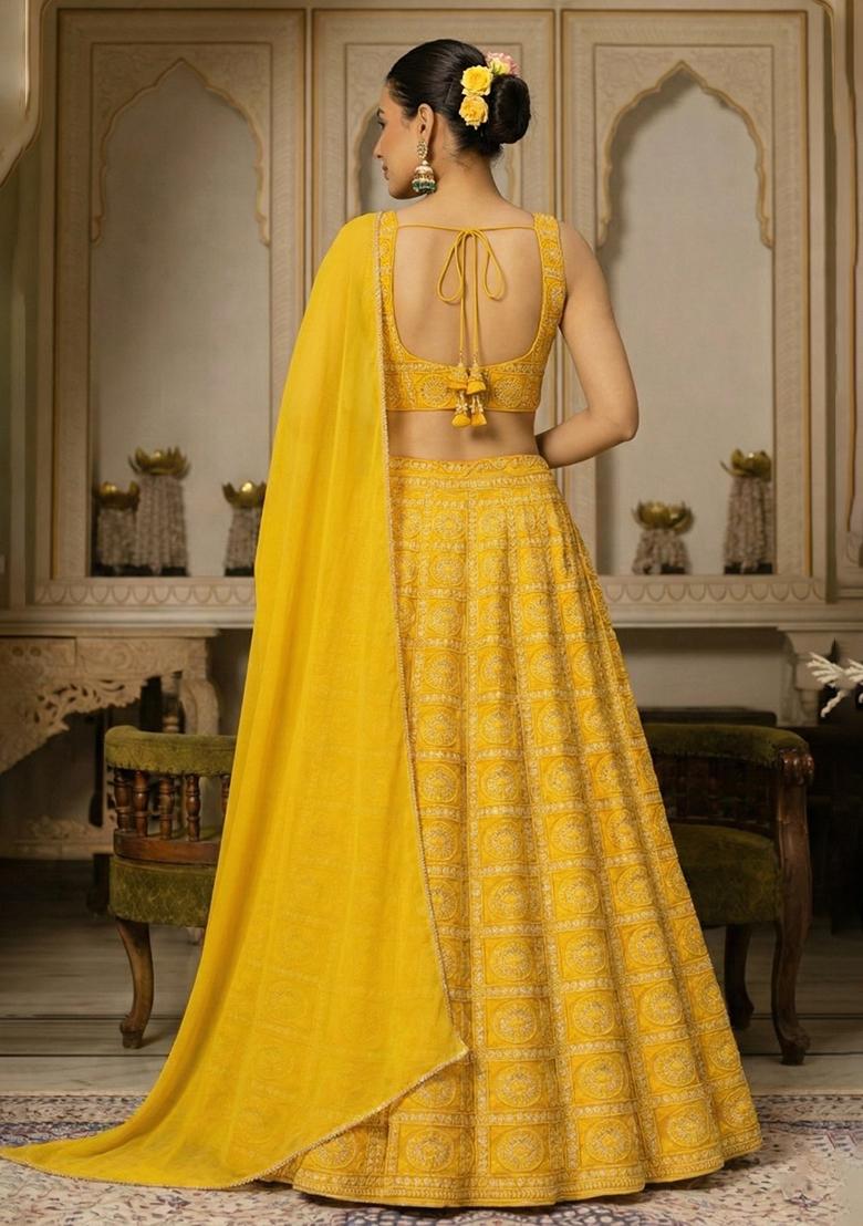 Yellow Bandhani Print Chinon Lehenga Set - Indya