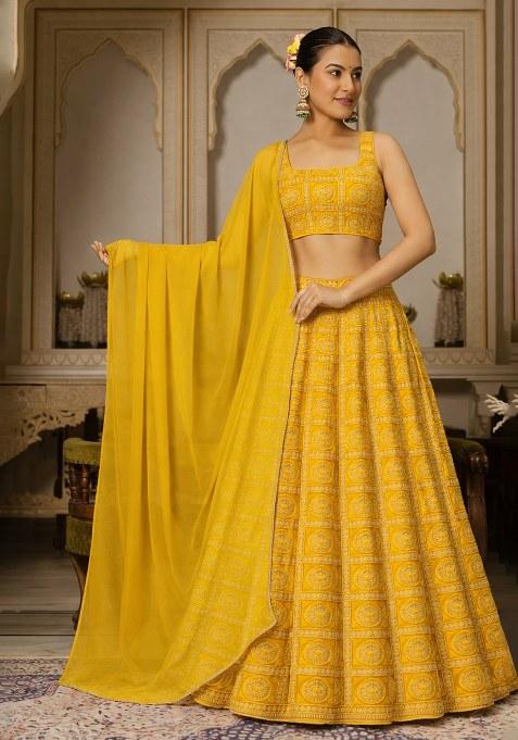 Yellow Bandhani Print Chinon Lehenga Set