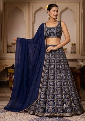 Navy Blue Bandhani Print Chinon Lehenga Set