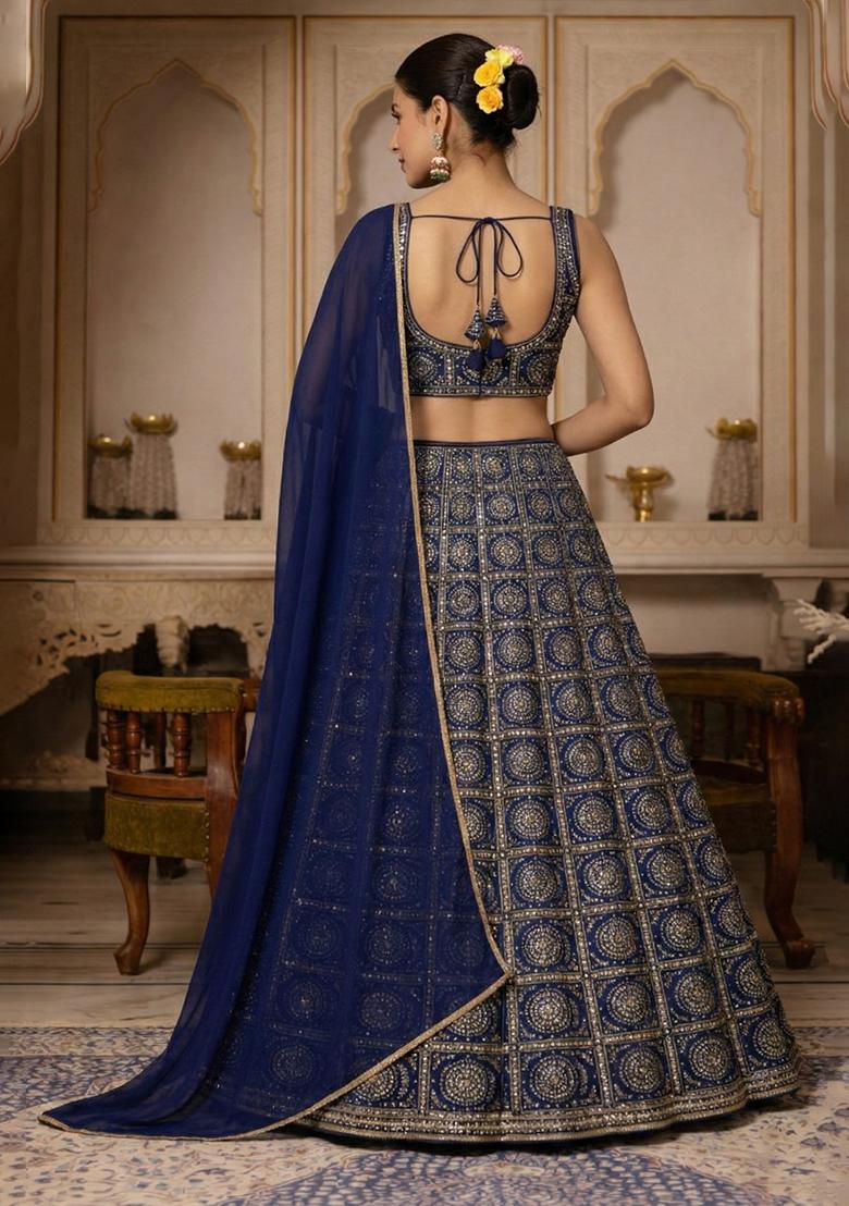 Navy Blue Bandhani Print Chinon Lehenga Set - Indya