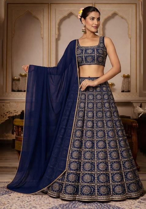 Navy Blue Bandhani Print Chinon Lehenga Set