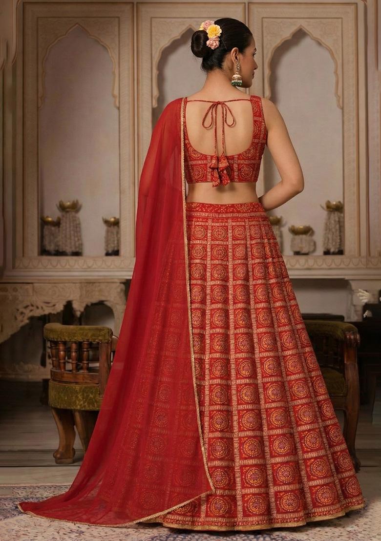 Red Bandhani Print Chinon Lehenga Set - Indya