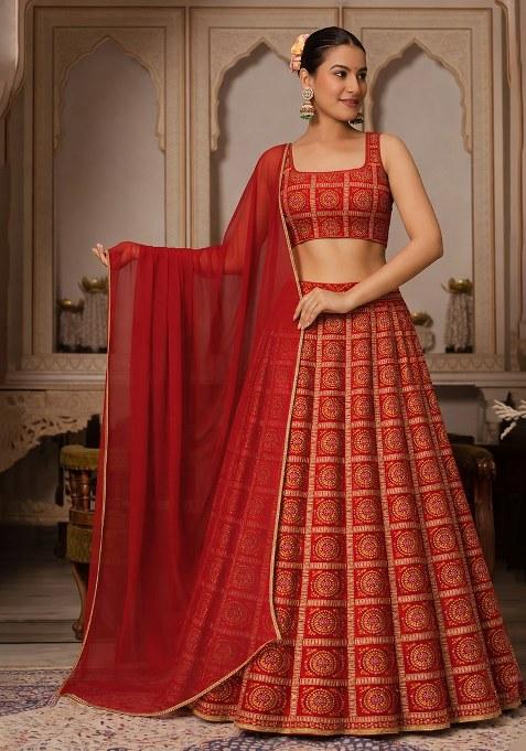 Red Bandhani Print Chinon Lehenga Set