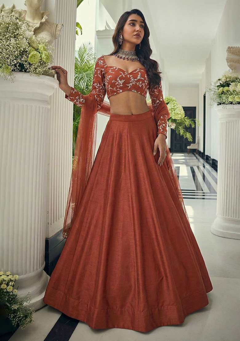 Red Embroidered Crepe Lehenga Set - Indya